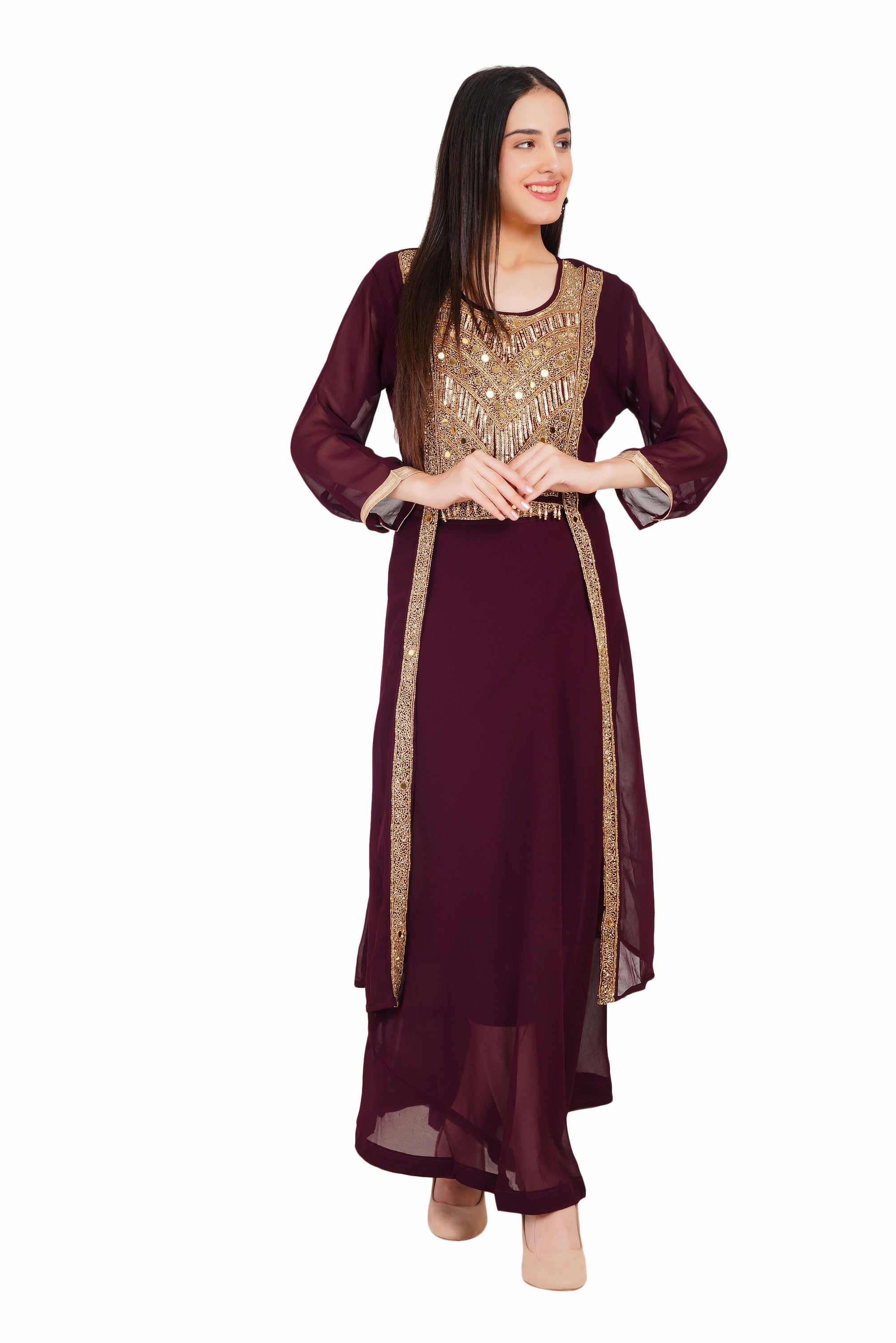 Maroon Georgette Kurti Set with Gold Embellishment