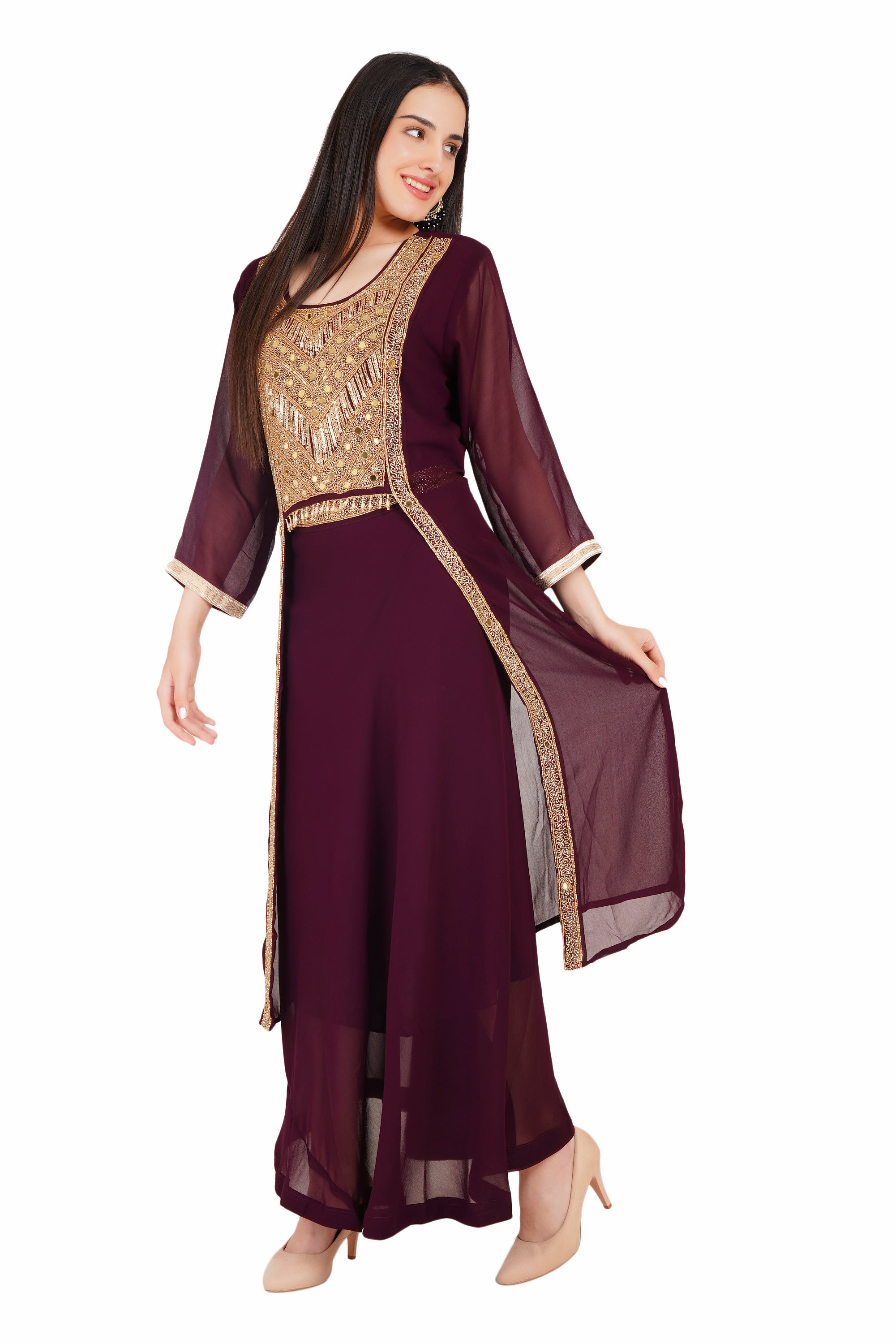 Maroon Georgette Kurti Set with Gold Embellishment