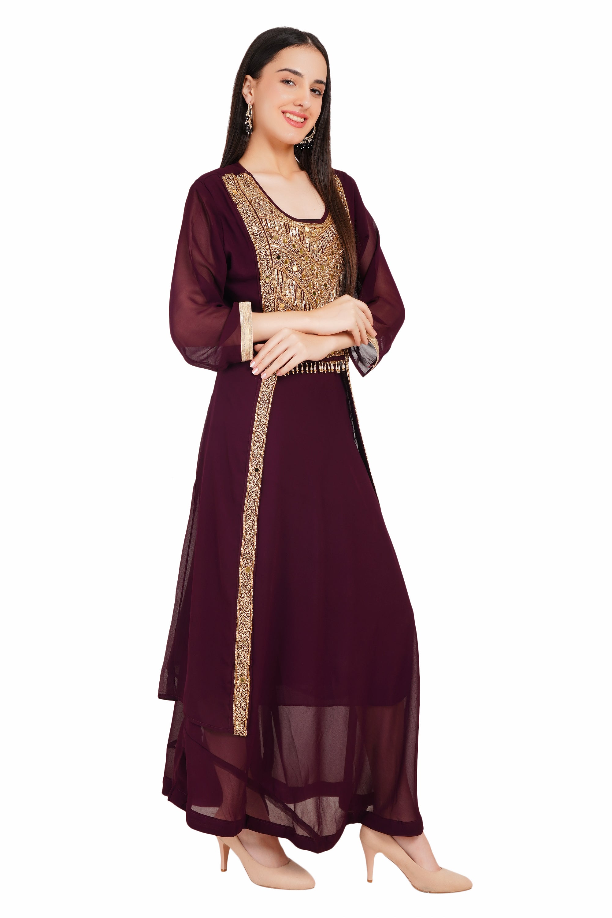 Maroon Georgette Kurti Set with Gold Embellishment