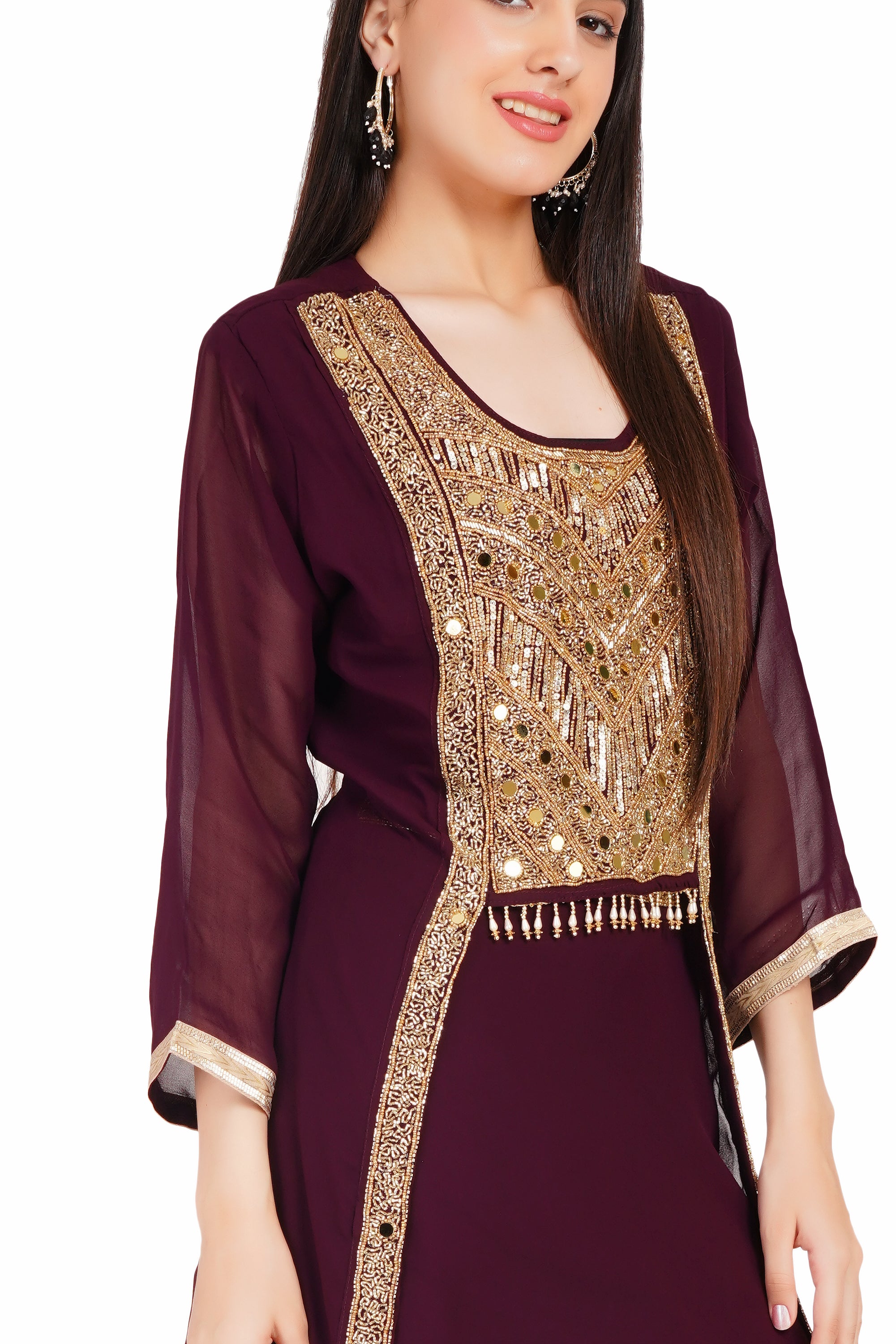 Maroon Georgette Kurti Set with Gold Embellishment