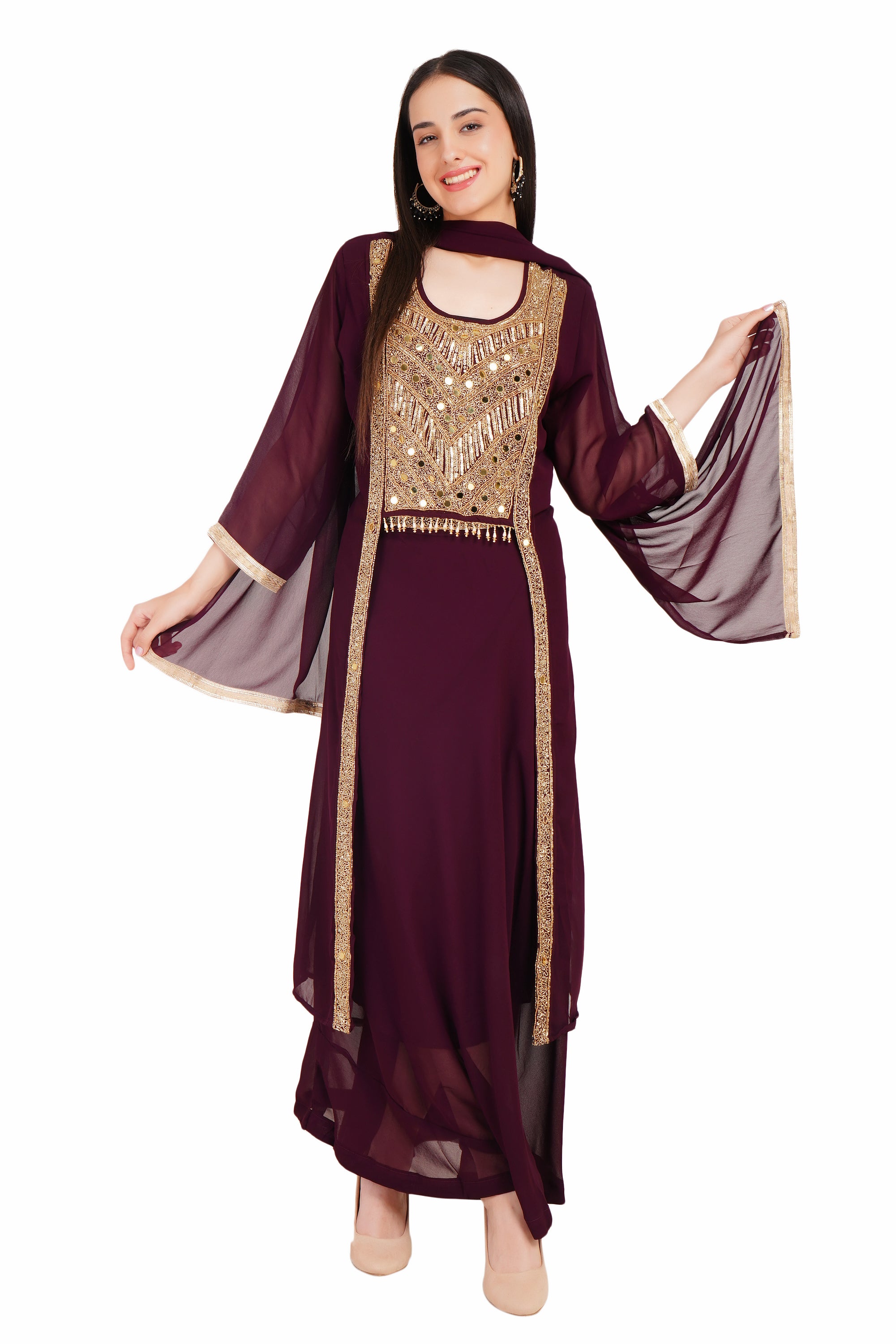 Maroon Georgette Kurti Set with Gold Embellishment